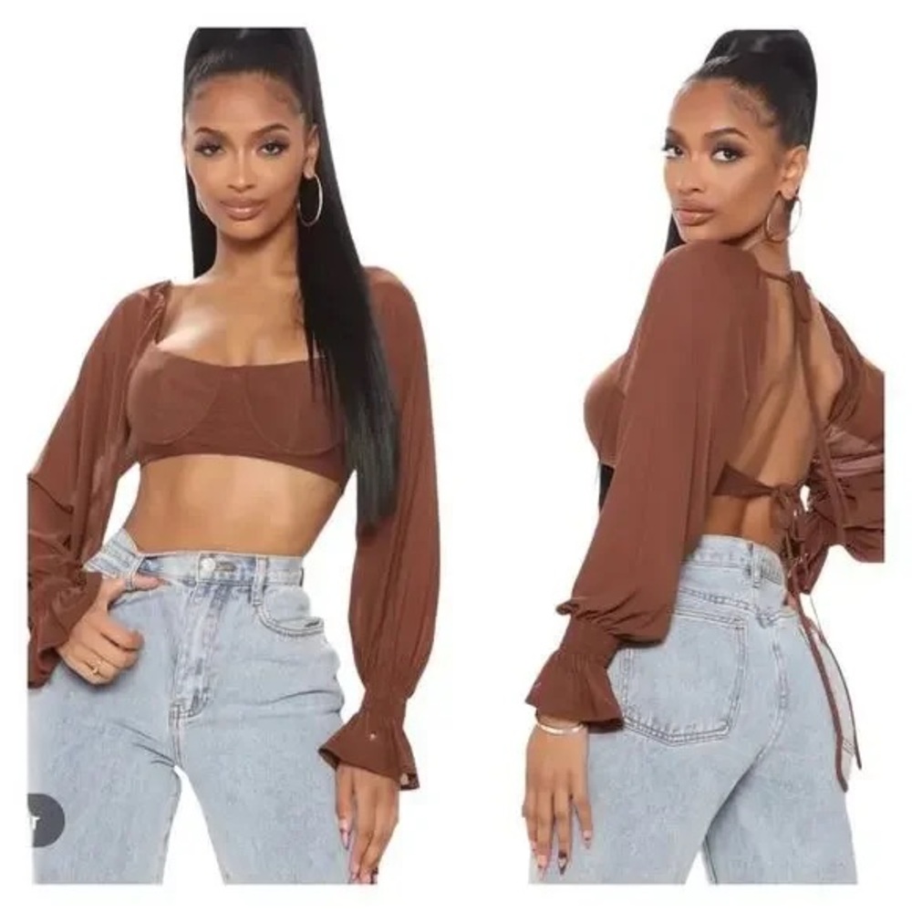 Fashion Nova Women's XS Match My Vibe Cropped Mesh Top in Mocha Brown